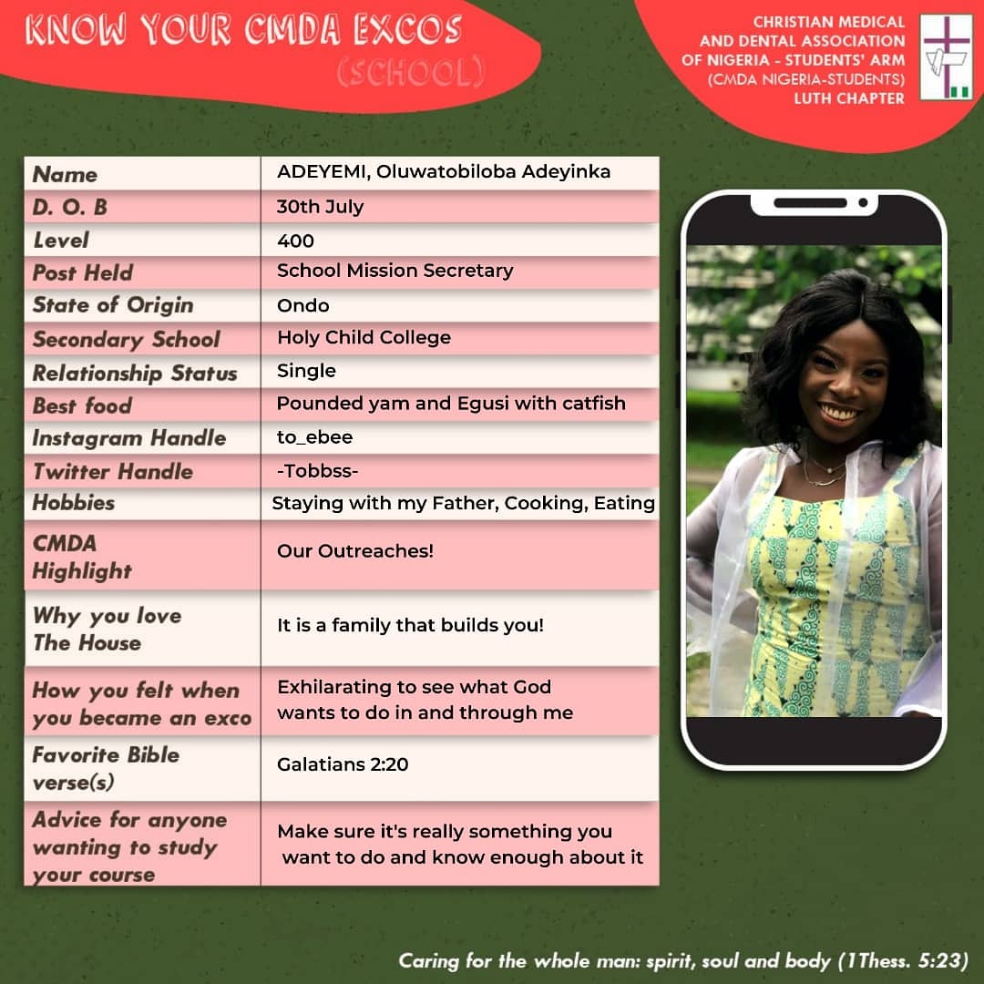 cmdanigerialuth's tweet photo. Meet our School Missions Secretary, Oluwatobi Adeyemi @_Tobbss_ who enjoys spending time with God✨

Oh! and she really likes Pounded yam and Egusi with Catfish.🤤 https://t.co/lZMbf6FBBG