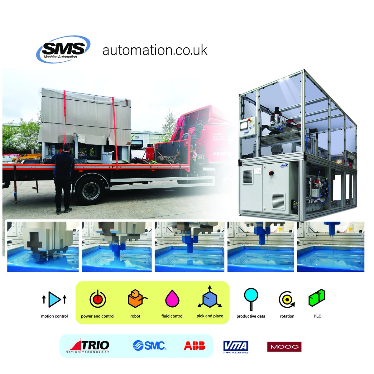 Another one rides the truck! 🚚

A standalone pick and place, dip and cure machine, featuring an array of SMC Gripper and Electronic Actuators for powerful motion, driven by a Trio Motion Controller and motive power by ABB Motors and Drives.

Custom Pick and Place coating by SMS.