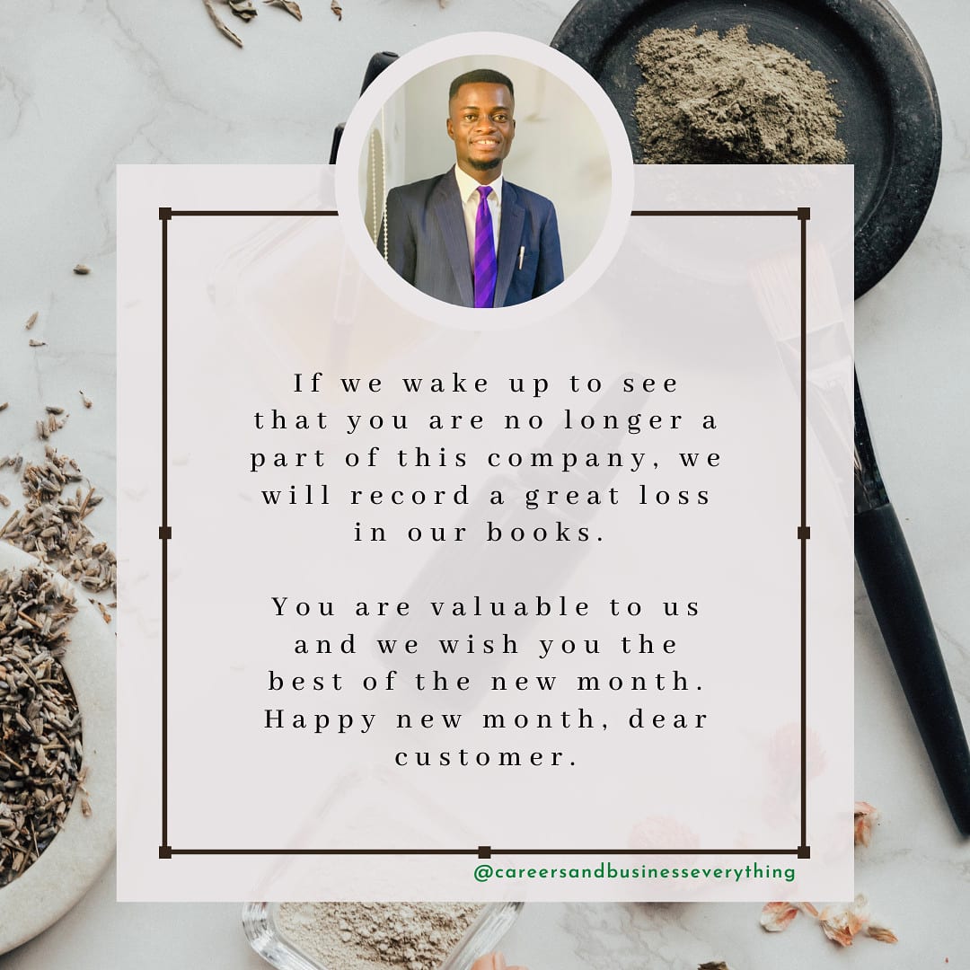 cb_evrtn's tweet photo. If we wake up to see that you are no longer a part of this company, we will record a great loss in our books. 

You are valuable to us and we wish you the best of the new month. 

Happy new month, dear customer. https://t.co/wkF9N7oSmS