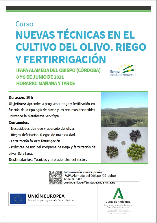 Recuerda: 8 y 9 de junio "Nuevas técnicas en el cultivo del olivo. Riego y fertirrigación"

✅Nuevos sistemas de plantación
✅Novedades tecnológicas
✅Prácticas sostenibles

Inscripción🔗lajunta.es/399uy

#IFAPAlideraysuma <a href="/AndaluciaJunta/">Junta de Andalucía</a> <a href="/AgriculturAnd/">Consejería AgriPesca</a> <a href="/MedioAmbAND/">Consejería de Sostenibilidad y Medio Ambiente</a>