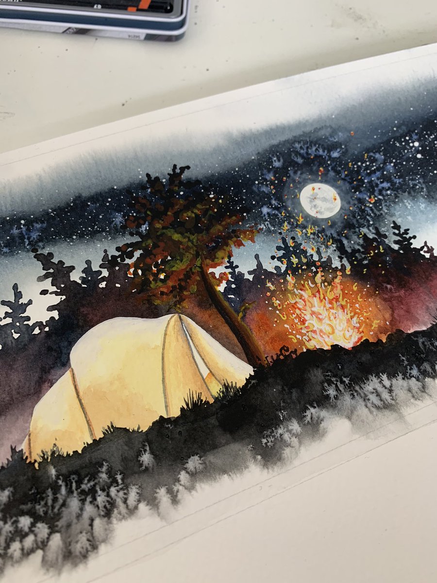 Painting some cute little camping scenes. These are going to live around the side of some new enamel mugs.

#mugs #illustration #camping #adventure #moon #wilderness