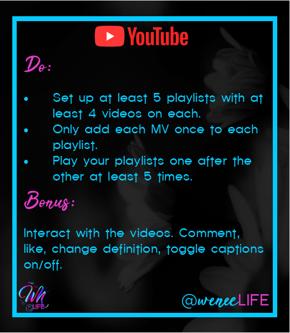 weneelife's tweet photo. ⁉️ YouTube Streaming Guide ⁉️
This information is collected from what the experts believe happens, as YouTube doesn't release what counts as a view.
⭐️YT only counts so many views of the same video per day, the consensus is 4 or 5 times in 24h.
Stream wisely!
#youtubeguide https://t.co/Ww16bhCEKj