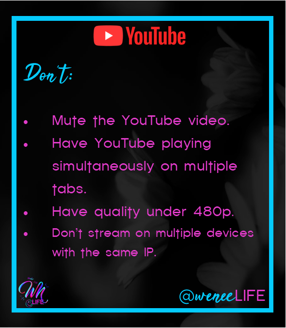 weneelife's tweet photo. ⁉️ YouTube Streaming Guide ⁉️
This information is collected from what the experts believe happens, as YouTube doesn't release what counts as a view.
⭐️YT only counts so many views of the same video per day, the consensus is 4 or 5 times in 24h.
Stream wisely!
#youtubeguide https://t.co/Ww16bhCEKj