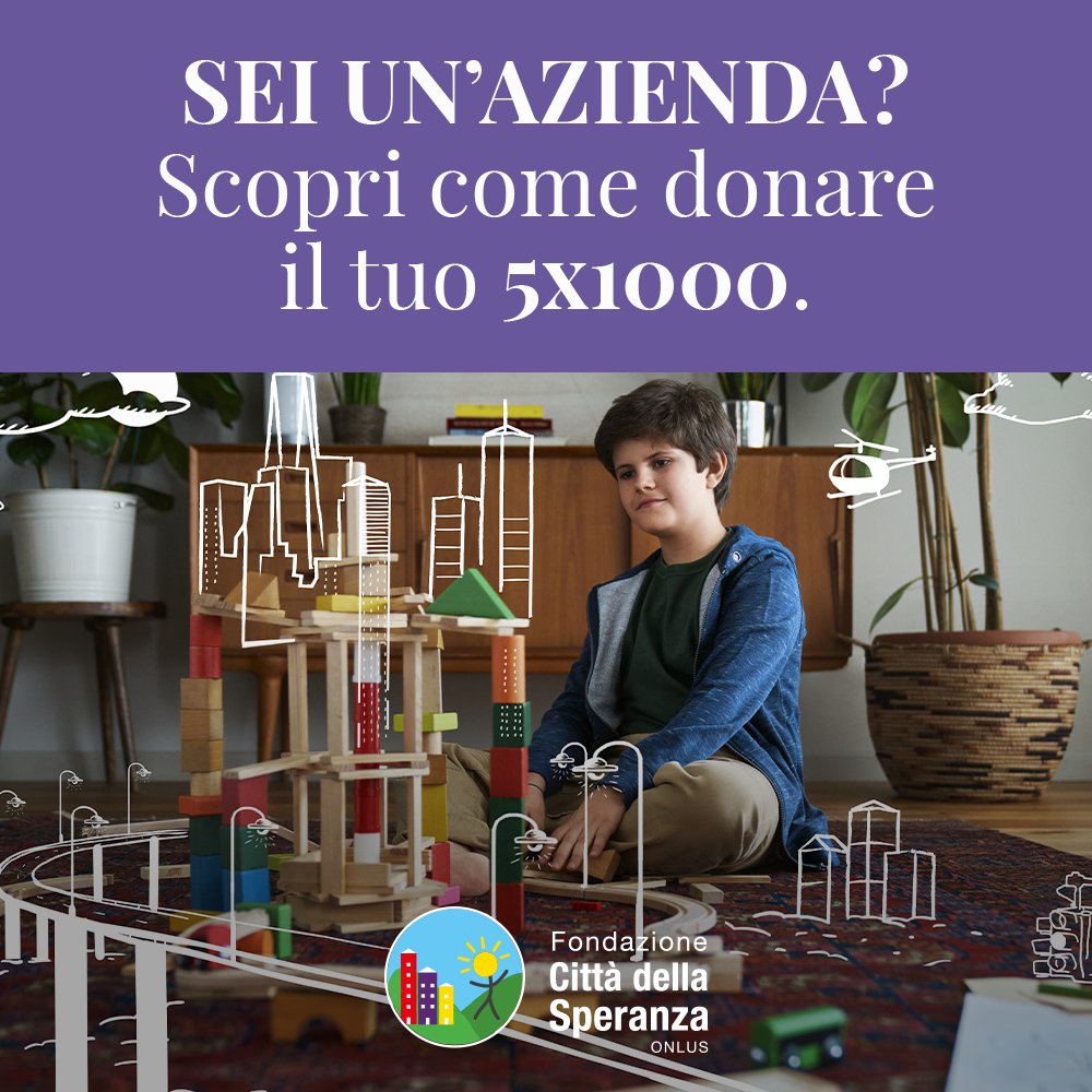 Anche tu, come azienda, puoi sostenere Città della Speranza con donazioni e sensibilizzando i tuoi collaboratori, fornitori, clienti ed amici.
Qui le info 👉 5xmille.cittadellasperanza.org