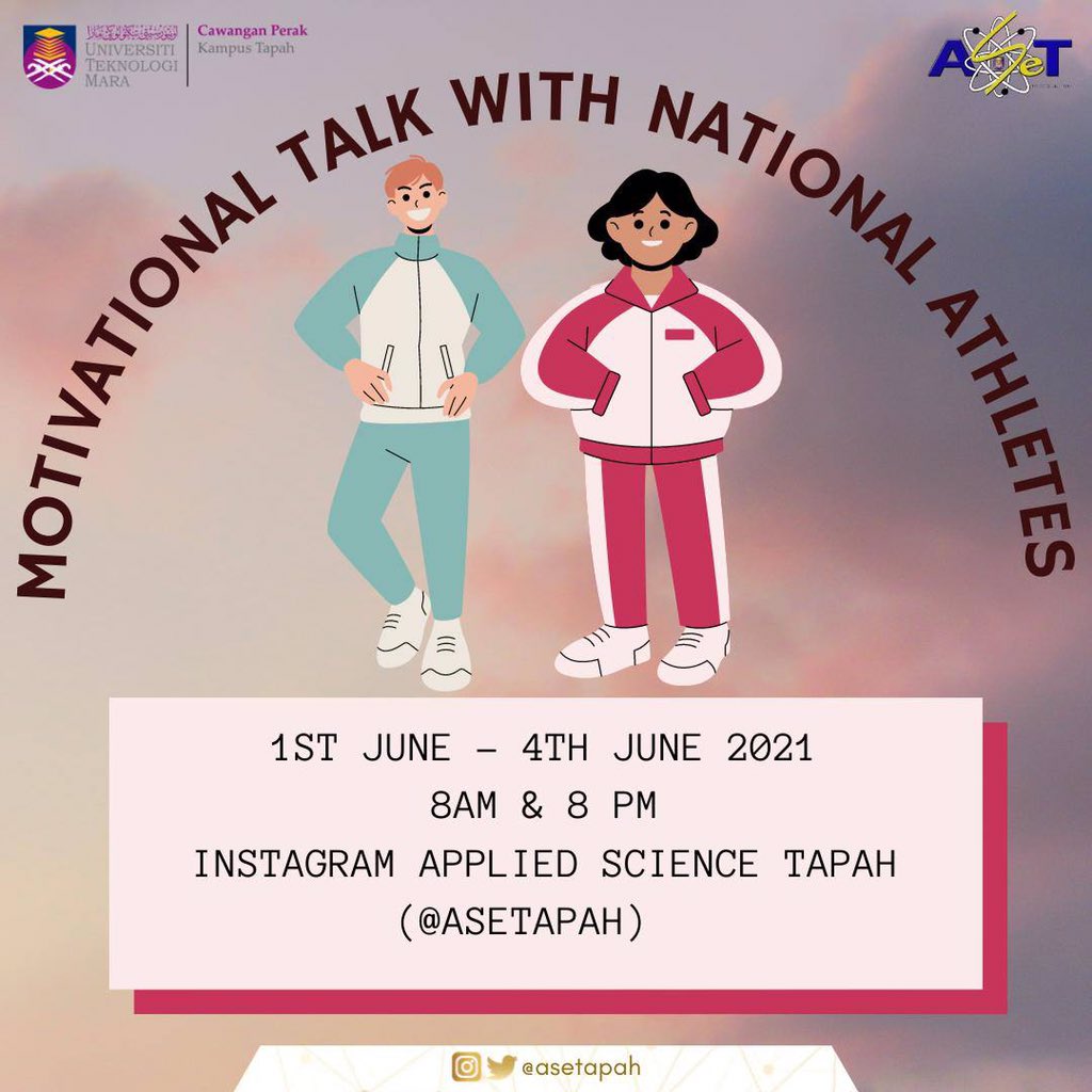 ASeTapah's tweet photo. 🏋️♀️MOTIVATIONAL TALK WITH NATIONAL ATHLETE🤺
Having trouble to focus during classes? Feeling give up by stacked assignment during LDR? 🤔
Lets ask our international class athlete on how they pursuing their sport career while stay on track on their study.🤗
#teamaset https://t.co/wvYfE8Wj0u