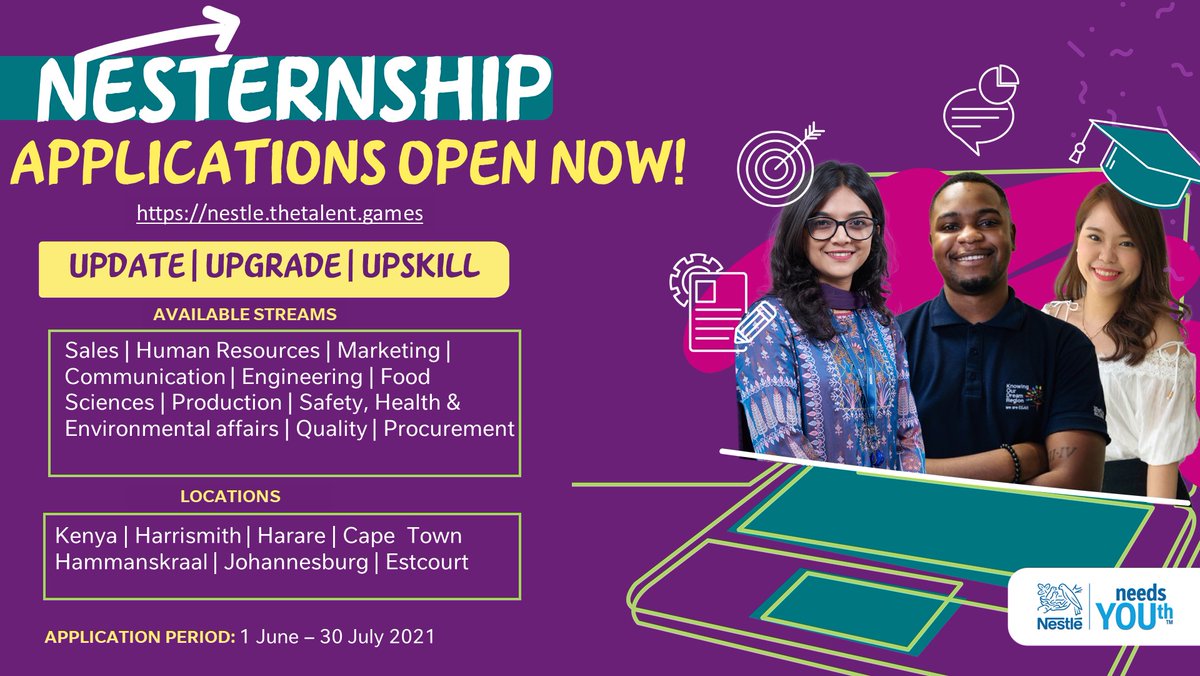 NestleESAR's tweet photo. Opportunity alert📣
The 3 months virtual and site-based internship applications are now open. Calling on Graduates in the East and Southern Africa Region: here’s a chance to join Nestlé ESAR team!
Register and play the game to apply: https://t.co/JjgbXnWADr
#TheNesternshipWay https://t.co/yy35Geazzd