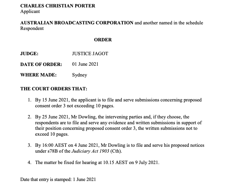 Porter v ABC: hearing on 9 July to decide whether the ABC's suppressed defence goes public. Mr Dowling is the Kangaroo Court guy; the intervening parties are News and Nine, they all want to see the juice. 78B notices are because Dowling's raising a constitutional issue.