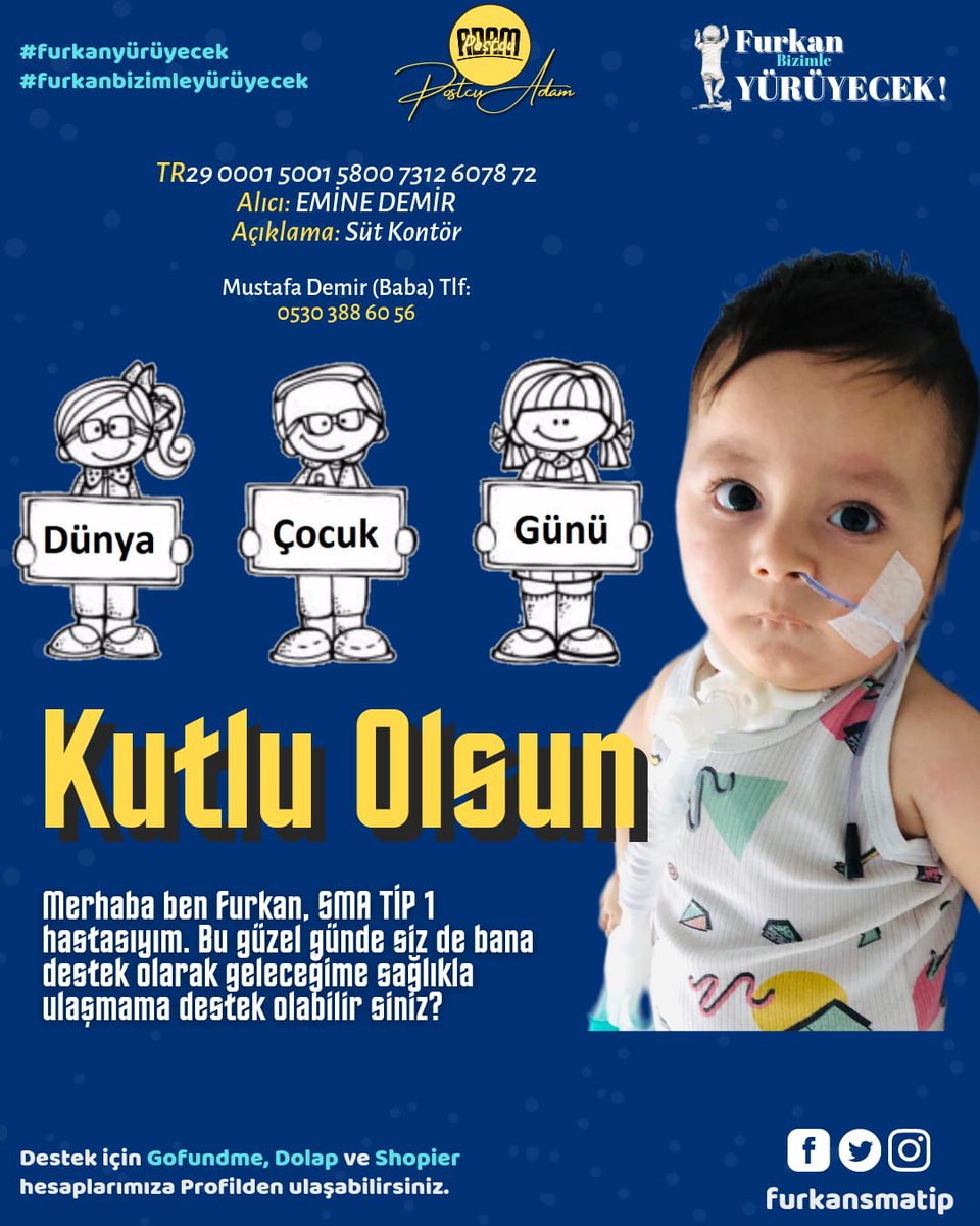 Çocuklar için ayrılan bu tarihte oğlum Furkan mutlu olsun istiyorum. Furkan'ın mutluluğu kampanyamıza gelen bağışlarla olur. Bir sonraki Dünya Çocuk Gününde Furkan iyileşmiş olsun diye yardımlarınıza ihtiyacımız var
#TolgaSarıtaş #SevmiyorumSeni #SehYam #AbdullahÇatlı