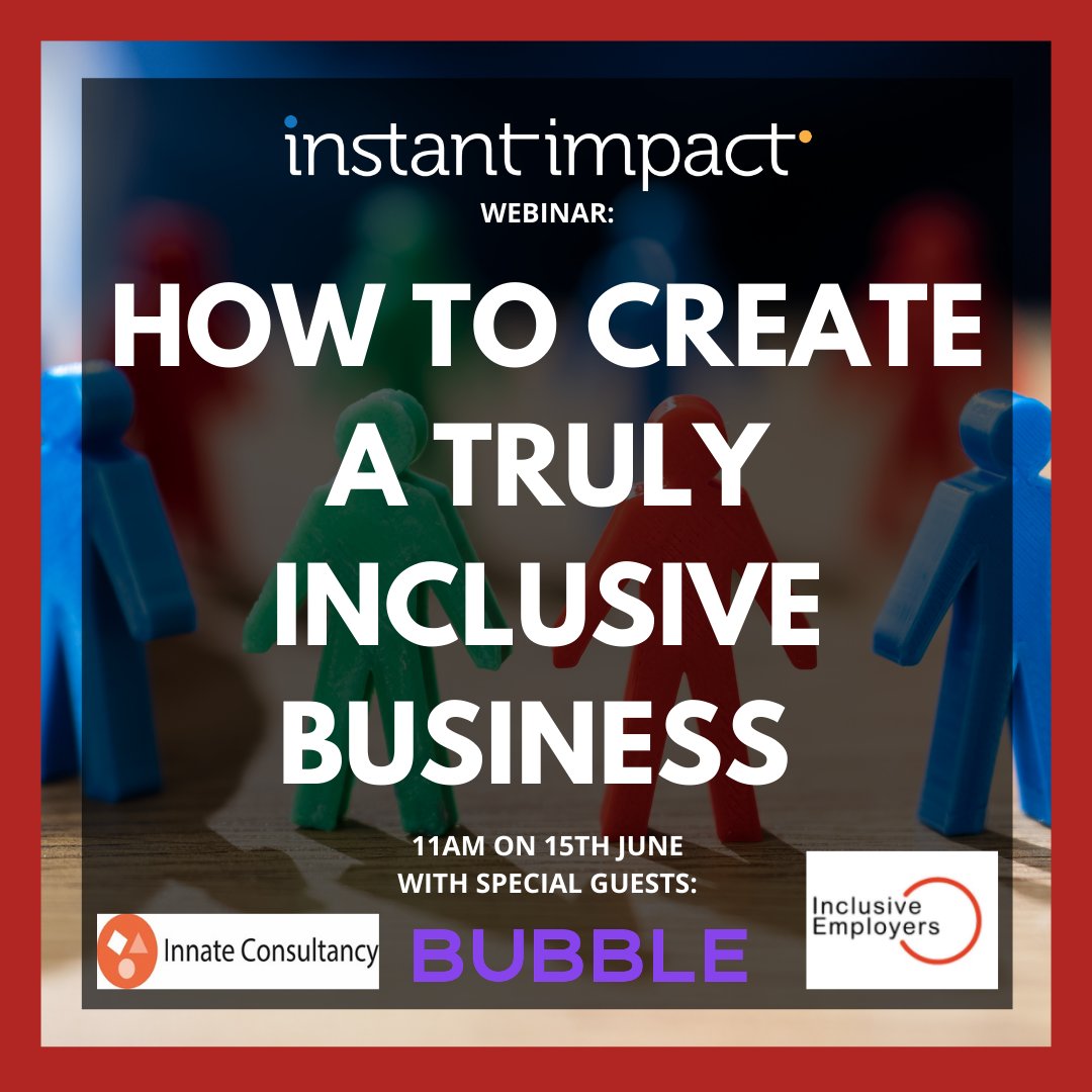 On 15th June we will discussing with our panel how to create a truly inclusive business. We will be joined by -

- Baljit Kaur from Innate Consultancy
- <a href="/sarah_hesz/">Sarah Hesz</a> from <a href="/bubbleChildcare/">Bubble childcare</a> 
- Aamani Rehman from @IncEmp 

Sign-up now: resources.instant-impact.com/inclusive-busi…