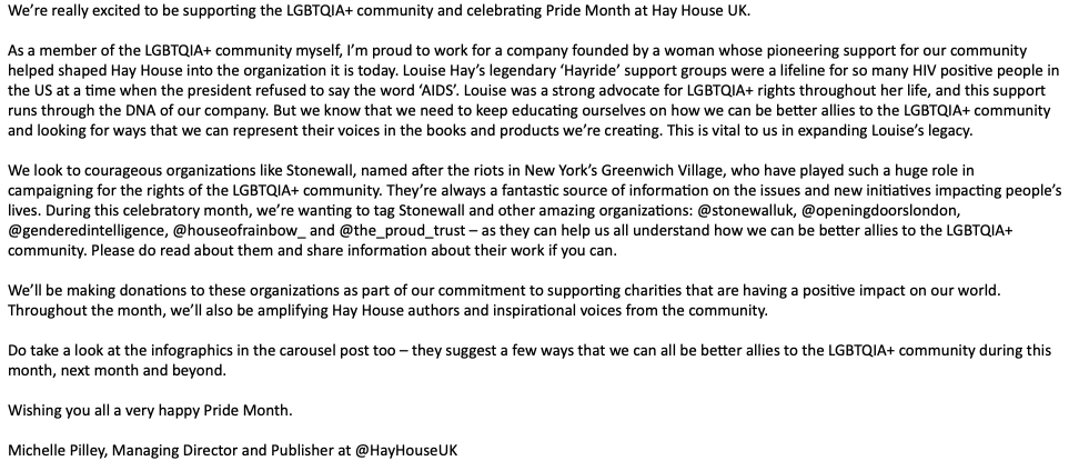 HayHouseUK's tweet photo. We’re really excited to be supporting the LGBTQIA+ community and celebrating Pride Month at Hay House UK - a message from Michelle Pilley Managing Director and Publisher at Hay House UK https://t.co/dYv6sW6iF6