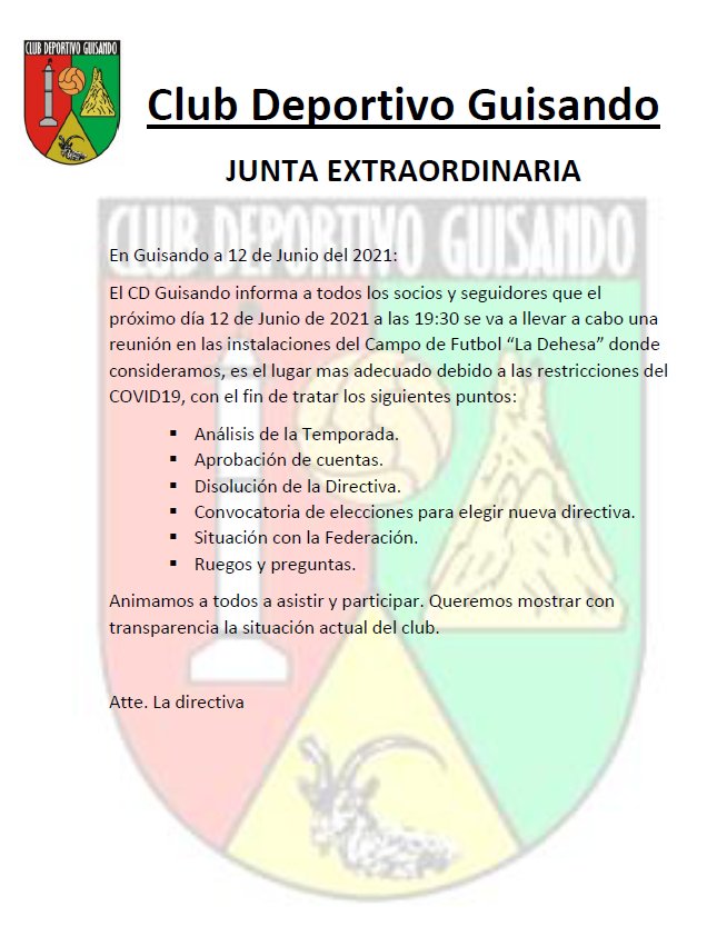 cdguisandoweb's tweet photo. El CD Guisando convoca una reunión extraordinaria para socios y seguidores el día 12 de junio a las 19:30 en el Campo de Futbol "La Dehesa" https://t.co/NNBXqkZ8ve