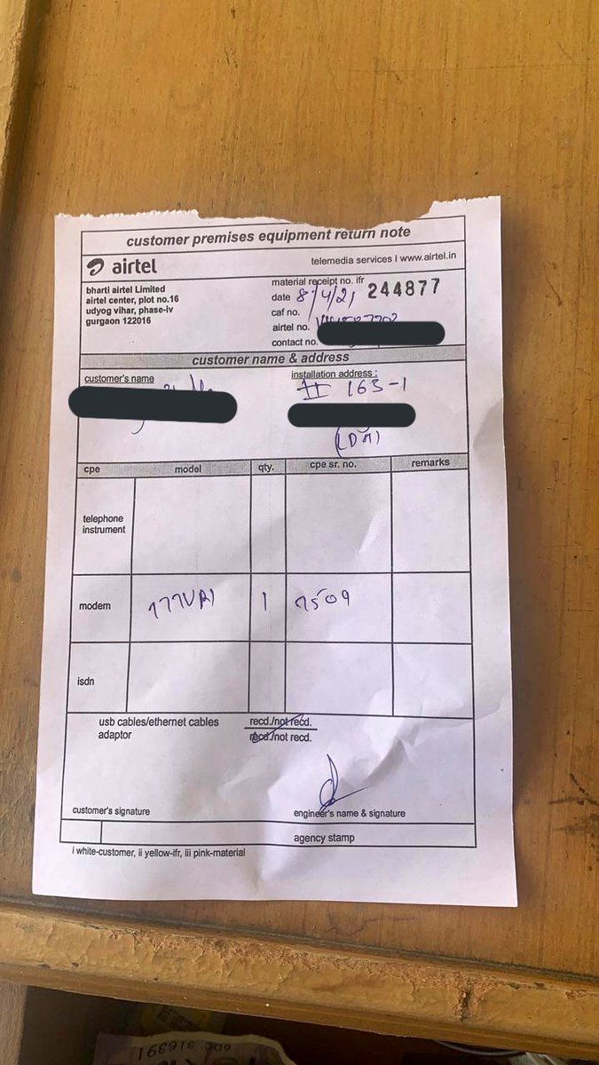 sarcasm_hb's tweet photo. @airtelindia @Airtel_Presence I had closed my broadband service after 10 long years of usage . The modem was picked up and I was promised a refundable DD would reach me after return. I have receipt as below but it’s been more than month .. no scope of DD. Pls let me know next axn https://t.co/5BFOx95jcO