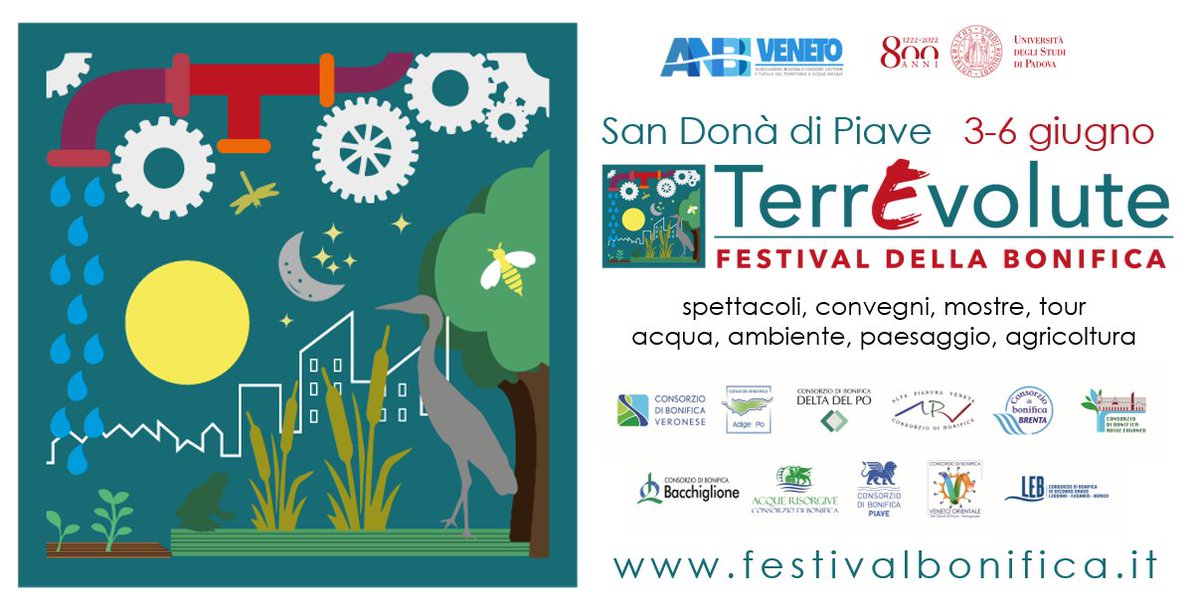 #TerrEvolute #festivaldellabonifica dal 3 al 6 giugno a San Donà di Piave va in scena il festival della bonifica!

👉 Scopri il programma completo festivalbonifica.it