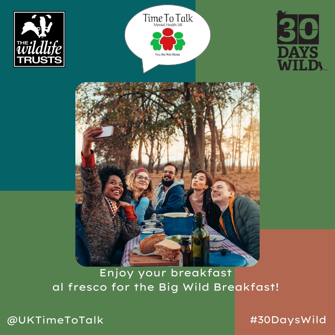UKTimetoTalk's tweet photo. It’s the 1st day of #30DaysWild &amp; we want you to try enjoy the outside with your breakfast! Not a breakfast fan? Maybe try arrange a picnic, enjoy the fresh air &amp; natural atmosphere of the outdoors #mentalhealth #nature #outdoors #selfcare #timetotalk #community #support #charity https://t.co/lzWkLoLZtj