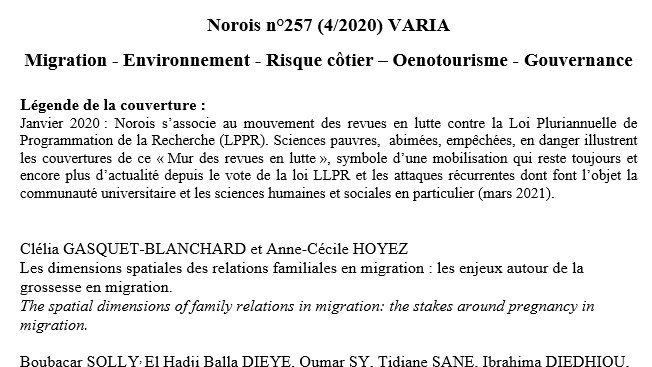 Sous presse Norois n°257 (4/2020) VARIA #Migration - #Environnement - #Risque côtier – #Oenotourisme - #Gouvernance