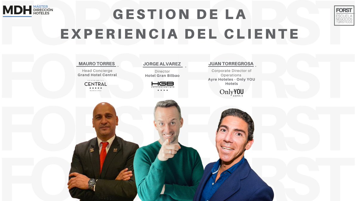 🔴 ⚪ HOY, en nuestro MDH #online, tendremos una clase diferente con Mauro Torres, Head Concierge at Grand Hotel Central, 𝐉𝐨𝐫𝐠𝐞 𝐀𝐥𝐯𝐚𝐫𝐞𝐳, Director of Hotel Gran Bilbao y Juan Torregrosa, Corporate Director of Operations de Only YOU Hotels 👏👏👏