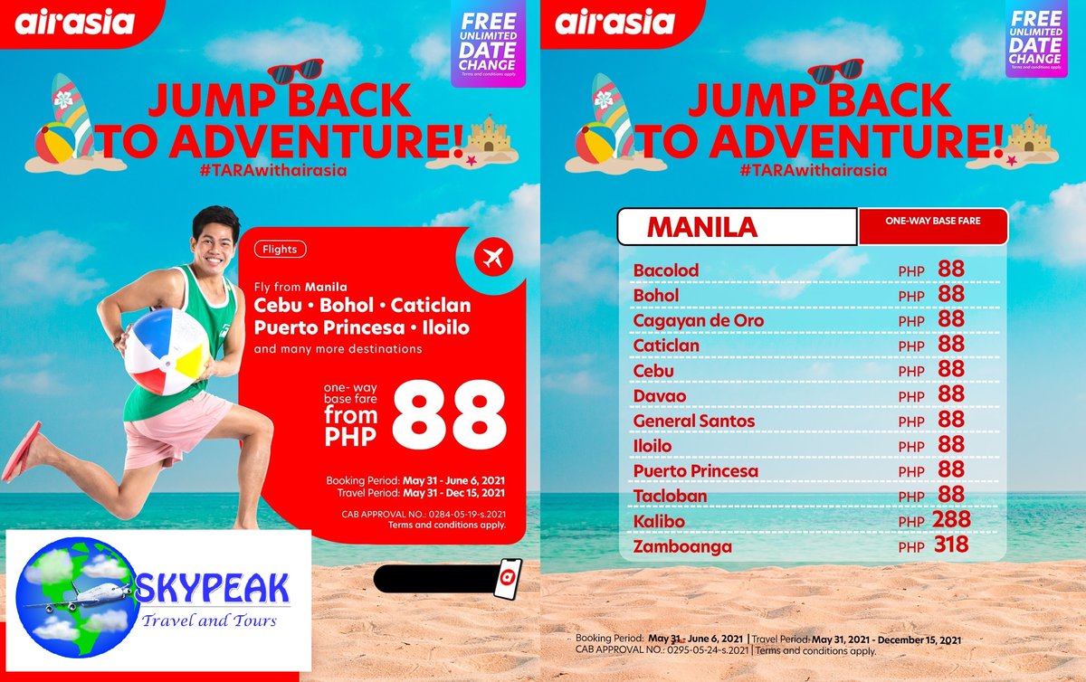 sky_peak's tweet photo. Air Asia Domestic Flights Seat Sale promo fares @ #Skypeak Travel and Tours visit our fb 4 details https://t.co/JONIgLzfZ2
#InThisTogether #FlySafePH #EveryoneCanFlyNow #airasiaForEveryone #TARAnawithairasia #TARAwithairasia https://t.co/YzaHpkHbNs