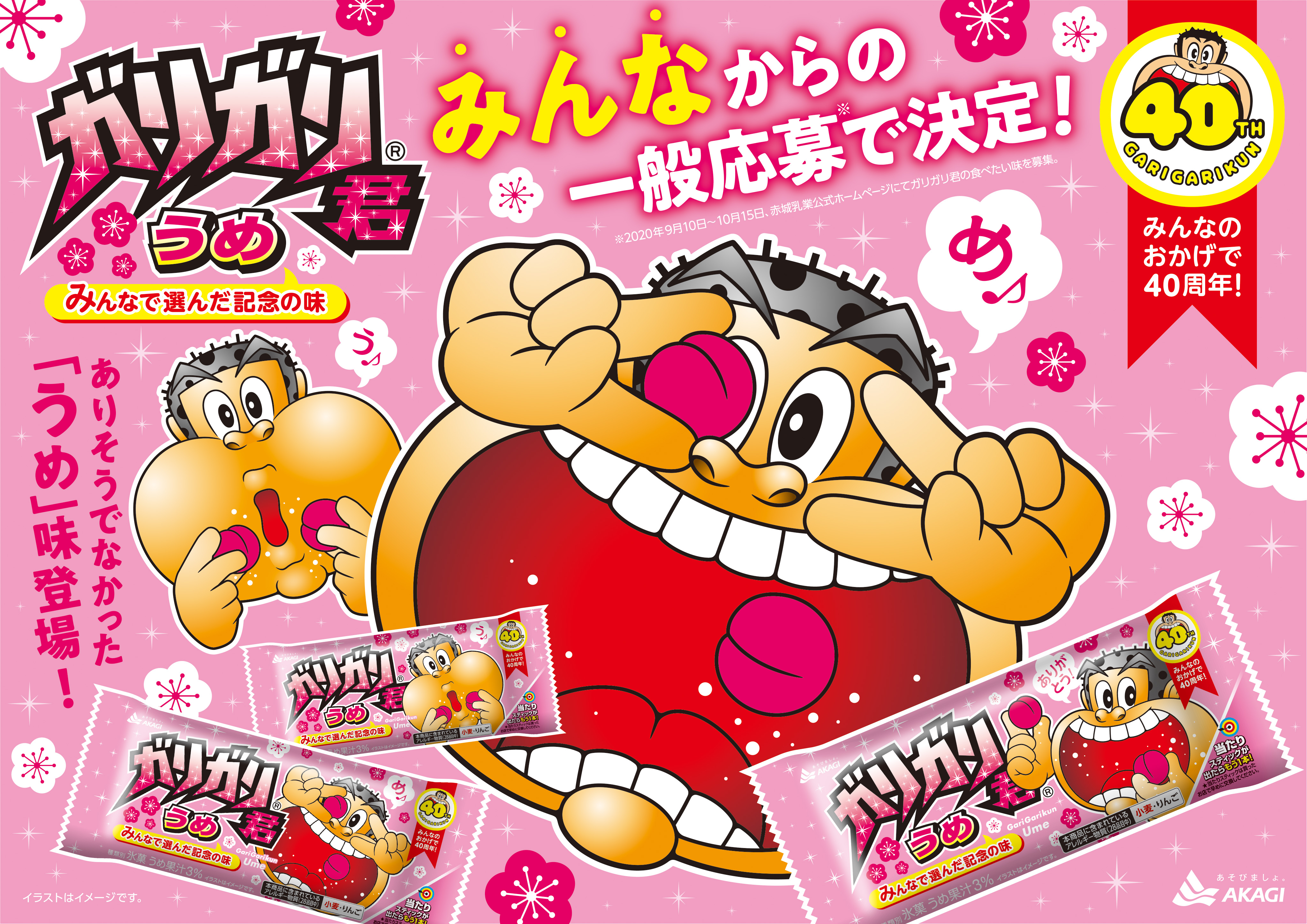 赤城乳業 公式 本日発売 ガリガリ君40周年記念商品 応募総数49 168票 みんなで選んだ記念の味は うめ なんと ガリガリ君では初登場の味でした 沢山の応募 ありがとうございました ガリガリ君 40周年記念 T Co