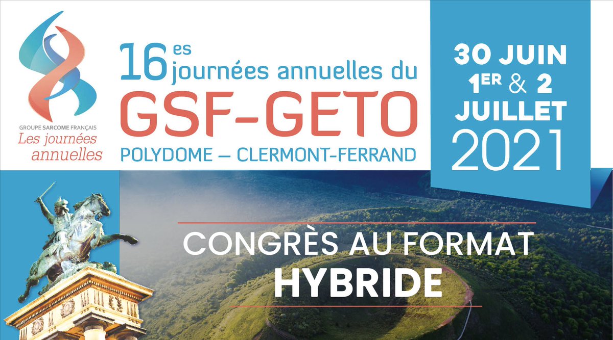 📅Cette année le congrès #GSFGETO2021 se déroulera en format hybride !

Il sera donc possible d’y assisté à Clermont-Ferrand comme depuis le site internet du congrès du 30 juin au 1er et 2 juillet → bit.ly/GSFGETO2021

#Sarcoma #Cancer #Oncology #CancerTreatment