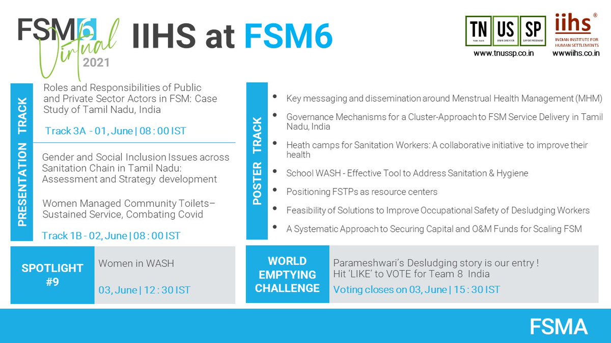 Catch <a href="/TNUSSP/">TNUSSP</a> at the 6th edition of the #FSM Conference from 31 May 2021 to 4 June 2021! To access sessions, presentations and posters, register for the conference at fsm6.org/registration/ 

#FSM6 @fsm_alliance <a href="/NFSSMalliance/">National Faecal Sludge and Septage Alliance</a> <a href="/kavita_wankhade/">Kavita Wankhade</a> <a href="/indiawater/">India Water Portal</a>