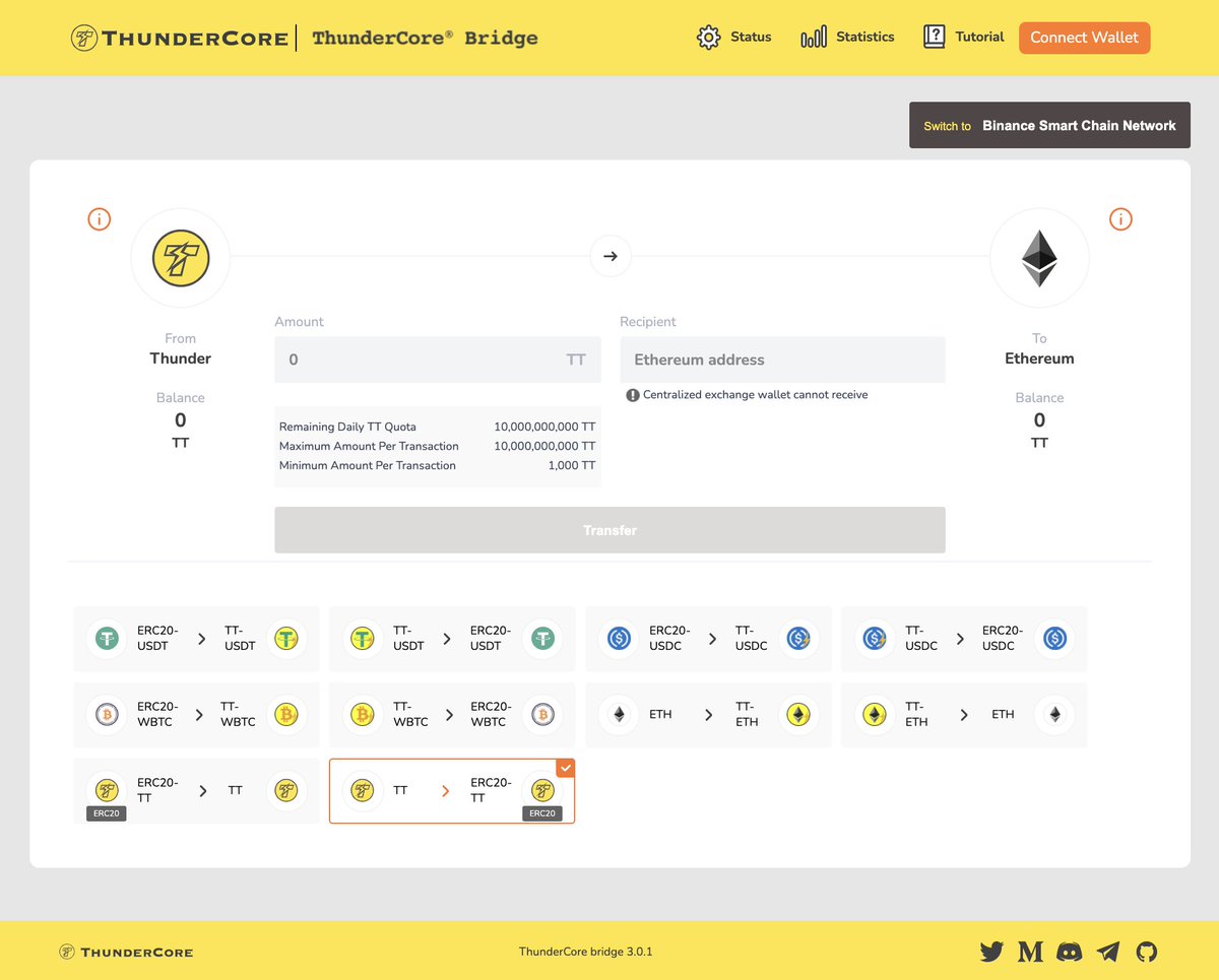 ThunderCoreLab's tweet image. #ThunderCoreBridge has updated its UI/UX design:
✅New displays on transaction limits
✅Clearer instructional pop-ups
✅Better user navigation flow

Transferring #crosschain assets between #Ethereum &amp;amp; #BinanceSmartChain has never been easier. Try now👇
bit.ly/2SIjuhG