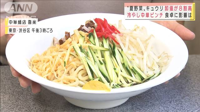 打撃 夏野菜 キュウリ 卸値が平年比8割高 早めの梅雨入りが影響 キュウリのほかにもナスやホウレンソウの価格も高騰 冷やし中華 をはじめたばかりの中華麺店からは キュウリの仕入れ価格が2倍ほどになったとの声も 打撃 夏野菜 キュウリ 卸値が平年比8割高 早めの梅雨入りが影響 キュウリのほかにもナスやホウレンソウの価格も高騰 冷やし中華 をはじめたばかりの中華麺店からは キュウリの仕入れ価格が2倍ほどになったとの声も