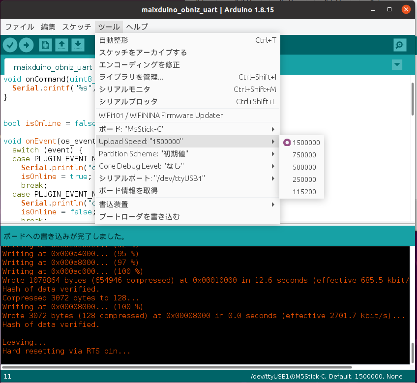 mongonta555's tweet image. MaixduinoのESP32は「ESP32 Dev Module」の921600bpsでは書き込めず、「M5Stick-C」を選んで1500000にしたら書き込めました。('ω')
#obniz #maixduino