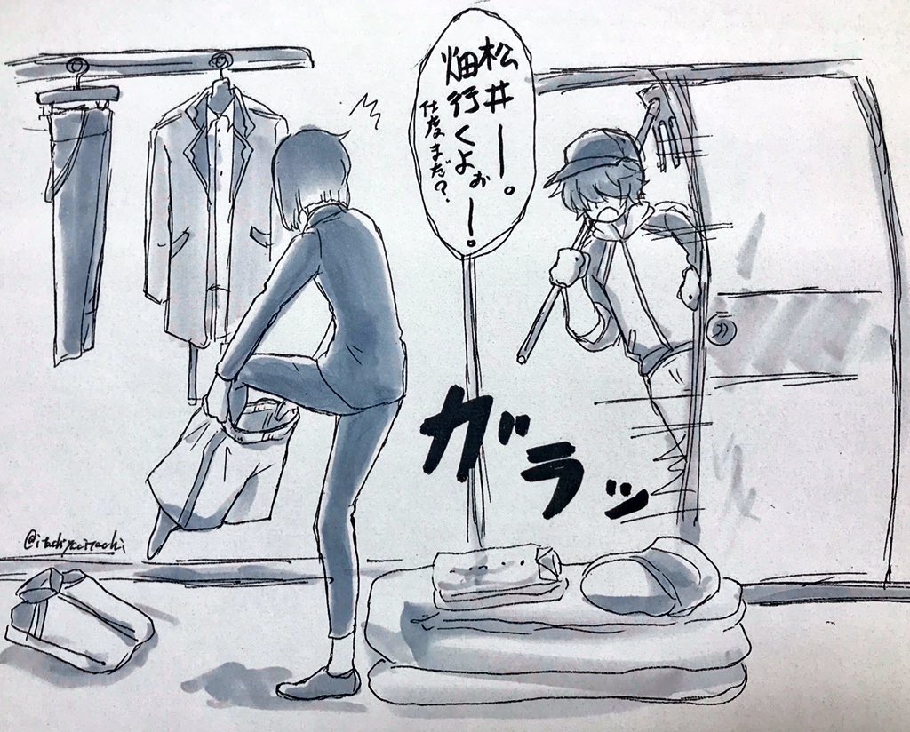 一方、松井が初めて来た時に描いた物

と、その後しばらく経ってから似たようなシチュで描いた物。

松井の成長がうかがえますね() https://t.co/EbbeRk9y9Z 