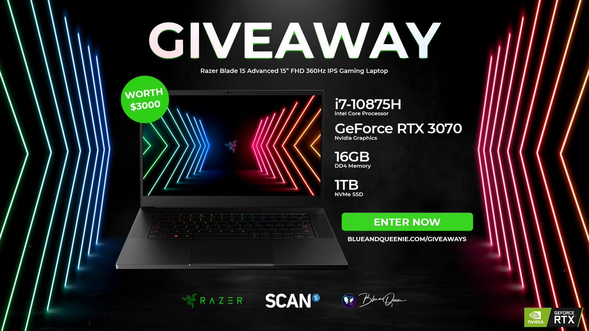 QueenieandBlue's tweet photo. 💻 RAZER LAPTOP GIVEAWAY 💻

We're teaming up with @ScanComputers and @Razer to #giveaway one of their brand new Razer Blade 15 advanced 15" gaming laptops with an i7, RTX 3070, 16GB and 1TB SSD!

💙 Follow @ScanGaming
💜 Follow @QueenieandBlue
💚 Enter https://t.co/wusBYRFKns https://t.co/5lGgQpD9T7