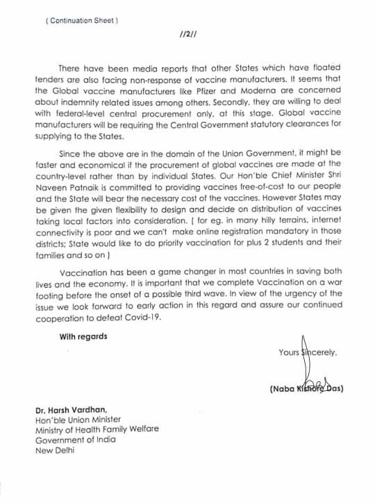 Govt of #Odisha has requested Union Min <a href="/drharshvardhan/">Dr Harsh Vardhan</a> for procuring #COVID19 vaccines for the State, at country-level, as the global vaccine manufacturers have asked for resolution of indemnity issues with Central Govt only.