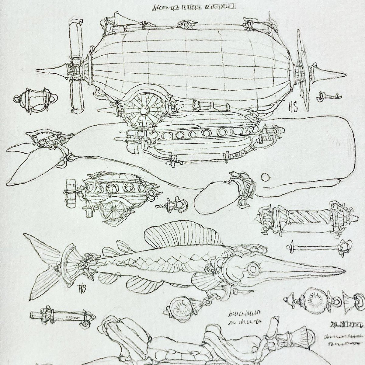 クロッキー帳お絵描き、クジラ飛行船な1ページ。 