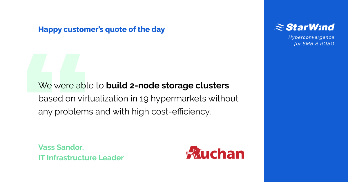 starwindsan's tweet photo. ๐#StarWind_success_story
Auchan Magyarorszag Kft. chooses #StarWind Virtual SAN (#VSAN) as its cost-effective #SDS solution for building true 2-node #storageclusters to integrate new #POS Systems into 19 of its hypermarkets
https://t.co/sYEN0Niaf9 https://t.co/0HCbKXht02