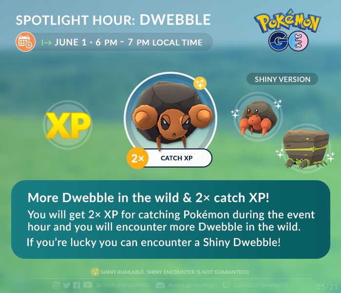 coupleofgaming's tweet image. The first #PokemonGOSpotlightHour in June will feature #Dwebble 🪨
Wishing you all the shiny luck for #ShinyDwebble ✨

#PokemonGO