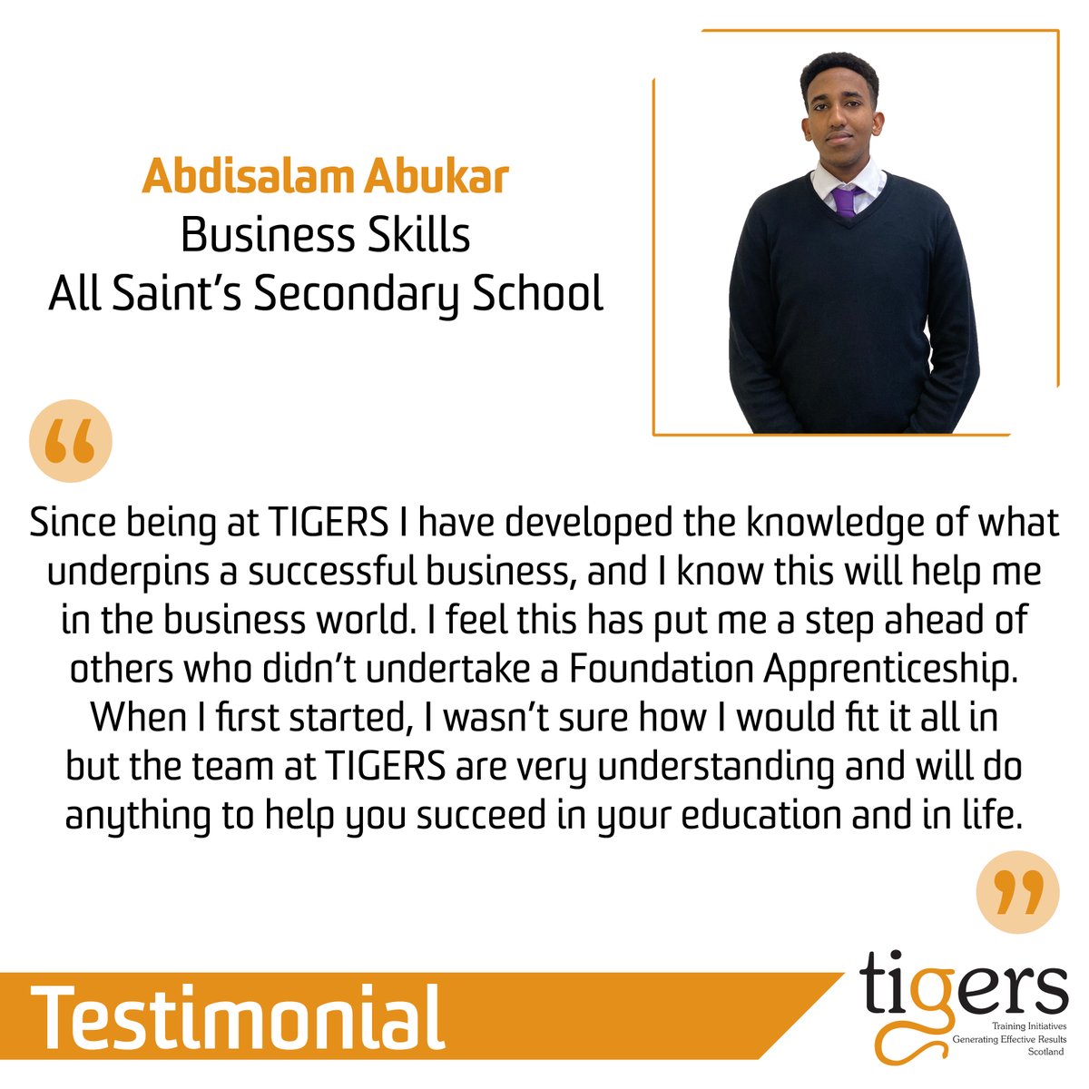 TIGERS_UK's tweet photo. We deliver 1 & 2 year #FoundationApprenticeships in #BusinessAdmin, #SSCYP & #CivilEngineering.
This is what some of the young people who have achieved their Foundation Apprenticeship with TIGERS had to say. @apprentice_scot @GlasFoundAppren
Apply: https://t.co/vQQRHziCbm https://t.co/9tOpFSVbRl