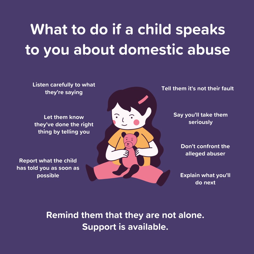 This #InternationalChildrensDay, and every day, let's look out for children 💜

Research by <a href="/NSPCC/">NSPCC</a> shows one in five children are exposed to domestic abuse. Here's a handy infographic that will help you best support a child that speaks to you about #domesticabuse.

PLEASE RT! 🙏