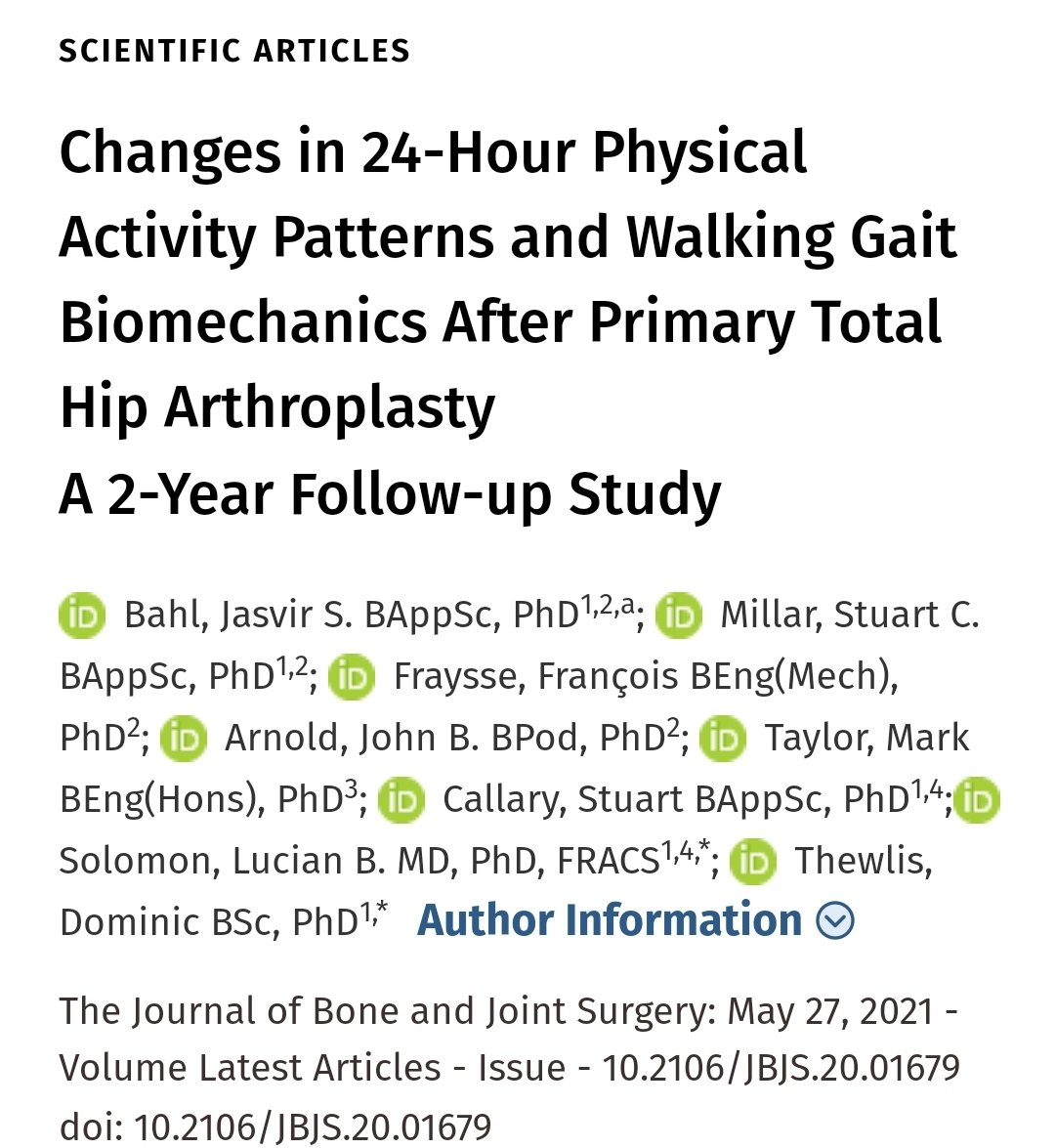 Jasvir Bahl, PhD (@jasvirbahl) on Twitter photo New paper in <a href="/jbjs/">J Bone & Joint Surg</a>: Total hip arthroplasty improves symptoms and biomechanics- but at 2y patients were more sedentary, slept worse, and performed less physical activity compared to preop. journals.lww.com/jbjsjournal/Ab…
<a href="/domthewlis/">Dominic Thewlis</a> @JohnArn0ld <a href="/ProfMarkTaylor/">Mark Taylor</a> <a href="/stuartcallary/">Stuart Callary</a> New paper in <a href="/jbjs/">J Bone & Joint Surg</a>: Total hip arthroplasty improves symptoms and biomechanics- but at 2y patients were more sedentary, slept worse, and performed less physical activity compared to preop. journals.lww.com/jbjsjournal/Ab…
<a href="/domthewlis/">Dominic Thewlis</a> @JohnArn0ld <a href="/ProfMarkTaylor/">Mark Taylor</a> <a href="/stuartcallary/">Stuart Callary</a>