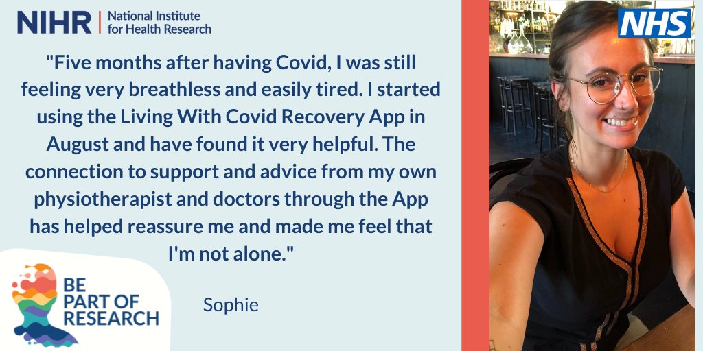 Sophie used the app on the Living with Covid Recovery Programme pilot to help her recovery from Long Covid. You can take part in similar studies on #BePartofResearch  bepartofresearch.nihr.ac.uk/campaigns/Ictd…