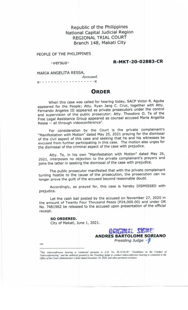 Krixia Subingsubing (@krixiasinq) on Twitter photo A Makati court dismissed the second cyberlibel case filed by businessman Wilfredo Keng against Rappler's <a href="/mariaressa/">Maria Ressa</a> after Keng voluntarily withdrew from the case.
This is a rare victory for the journalist, who has endured what many say was "legal persecution" under Du30 admin. A Makati court dismissed the second cyberlibel case filed by businessman Wilfredo Keng against Rappler's <a href="/mariaressa/">Maria Ressa</a> after Keng voluntarily withdrew from the case.
This is a rare victory for the journalist, who has endured what many say was "legal persecution" under Du30 admin.