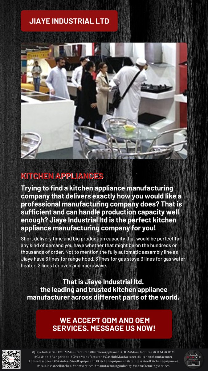Jiaye Industrial ltd - the leading and trusted kitchen appliance manufacturer across different parts of the world. We accept ODM and OEM services. Message us now!

#JiayeIndustrial #OEMManufacturer #KitchenAppliance #ODMManufacturer #OEM #ODM #GasHob #RangeHood #OvenManufacturer
