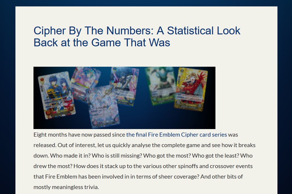 Revisiting and expanding upon a thread we posted back in last October, we take a walk down memory land and see how the finished #FEcipher breaks down statistically. Which games got how much, who the most featured characters are, et cetera:
fireemblemtcg.tumblr.com/post/652782193…