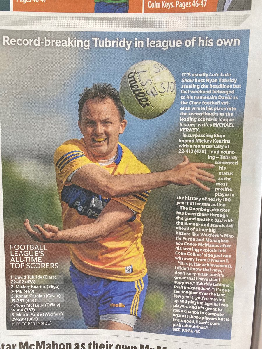 The record breaker @davidtubs - extraordinary achievement for the @GaaClare wizard to be all-time League top scorer with 22-412 💪

Compliments to Padraig Ferguson of ‘GAA lore’ for doing the hard yards and going through League tallies from the Irish Independent since 1925👏👏