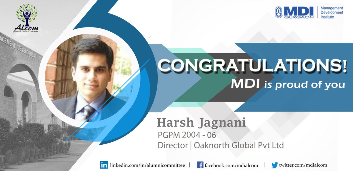 MDI_Alcom's tweet photo. Harsh Jagnani | Alum in News

Harsh Jagnani, an alumnus of the PGPM batch of 2004-06, has taken up the role of Director at OakNorth Global Private Limited.

We extend our heartiest congratulations and wish him the very best for all his future endeavors. https://t.co/5B1OxmMLiR