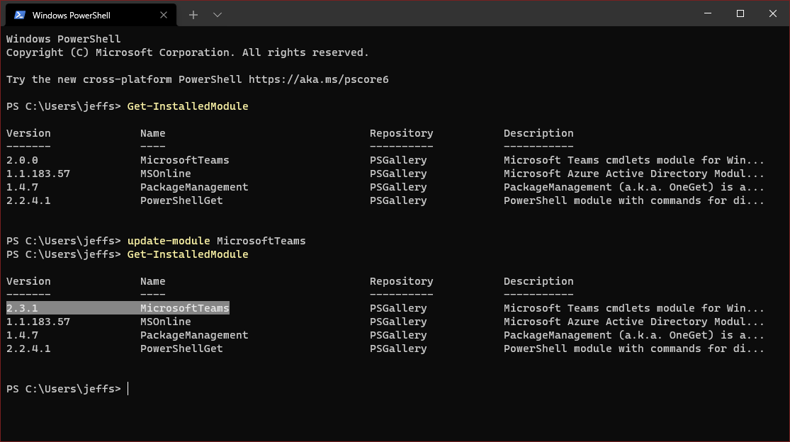 jdscher's tweet photo. Just a reminder to update your #MicrosoftTeams PowerShell module if you haven't done so recently. Version 2.3.1 has been out for a few weeks now. https://t.co/tPsG8fNJMB