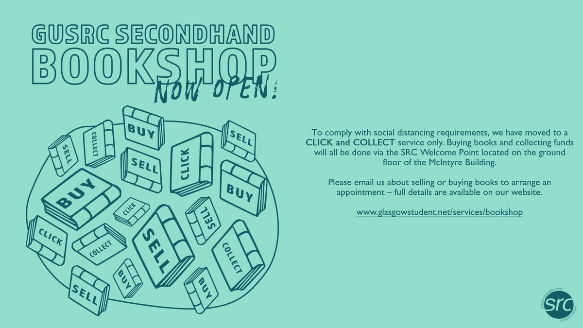 glasgowunisrc's tweet photo. In case you missed it, the GUSRC Secondhand Bookshop is now open! 👏📚

To comply with social distancing requirements, we have moved to a CLICK and COLLECT service only. Buying books and collecting funds will all be done via the SRC Welcome Point 1/2 

#GUSRC https://t.co/LcolcN2lSx