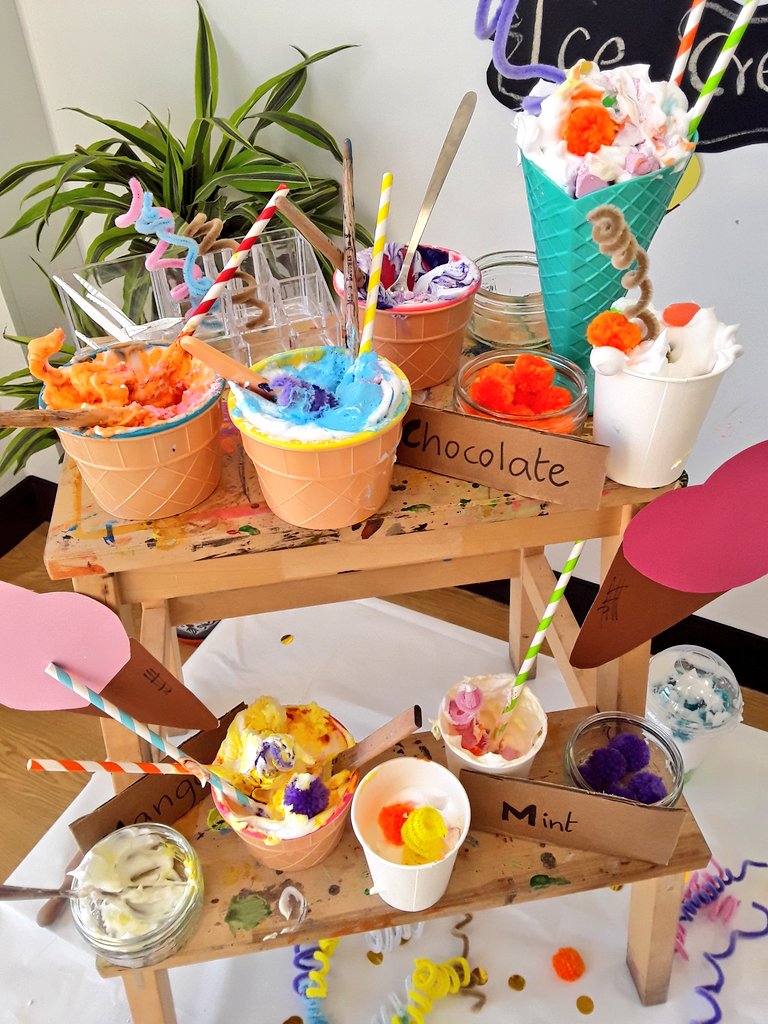 AshbridgeMaxy's tweet photo. Squirrels sprinkled,filled,scooped,layered &amp; sold some fantastic flavourful ice cream creations. "Mine is caramel syrup" "it's 99p please" "ahh!  mines swirled all the way up" #atelier #eytalking @NDNAtalk #dramaticroleplay #icecreamplay #messyplay #EYFS #earlyyearslearning https://t.co/UnAJIey6Jc