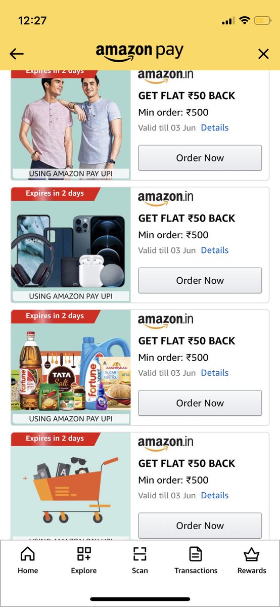 cool_bhavuk's tweet photo. @amazonIN this is how to make fool.. one offer list it down five times.. cant connect to customer care.. impressive market strategy..  all says 50 cashback if u buy products worth rs 500 using UPI.. in terms they say it can only be used once.. https://t.co/pGUFkTuYL4