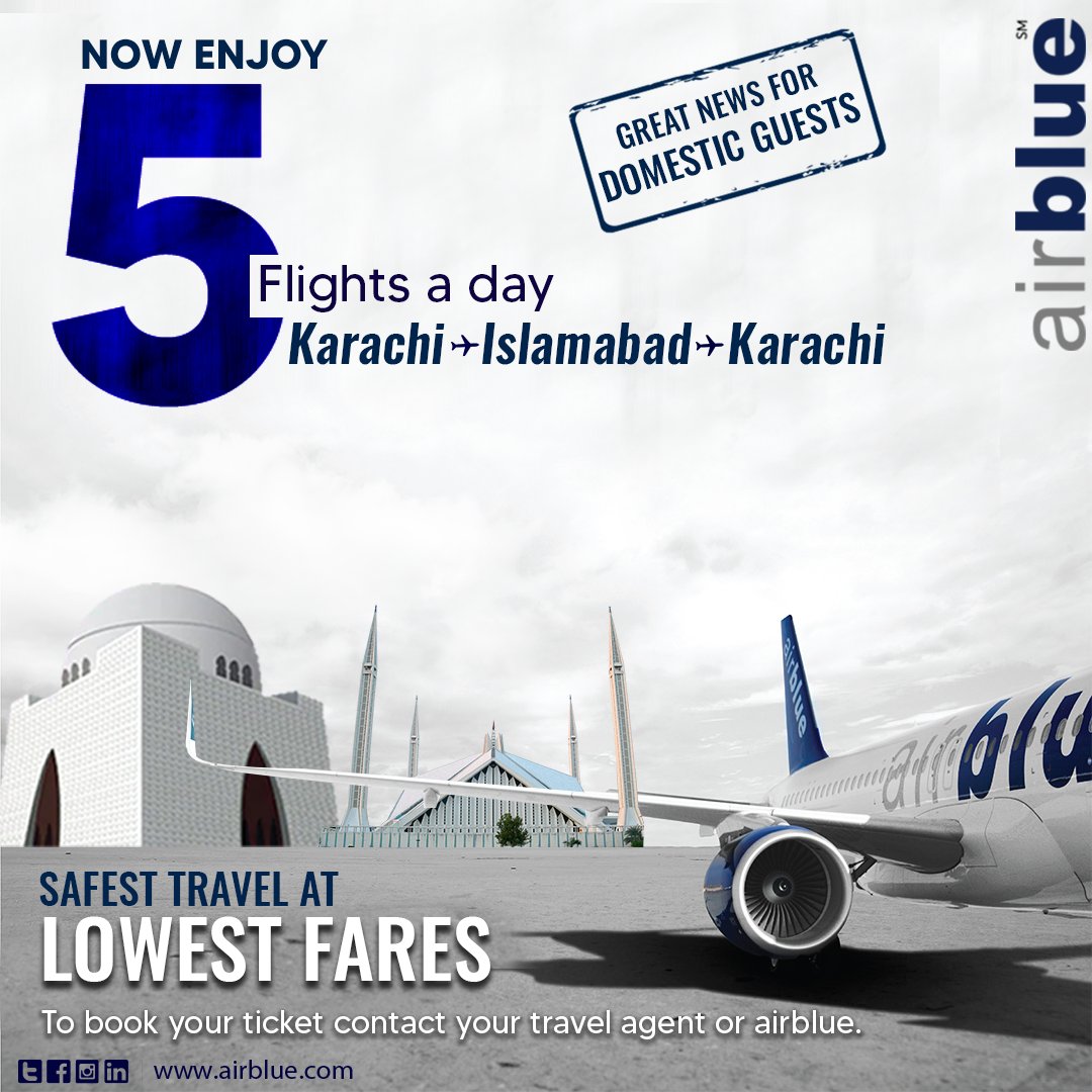 airblueairline's tweet photo. The #BIGNEWS is out! 📢
#airblue is now offering you the most flexible timings for #Samedayreturn ✈️✨💙
Now offering 5 FLIGHTS A DAY between #Karachi & #Islamabad ✈️ https://t.co/5nbhKnUGCN