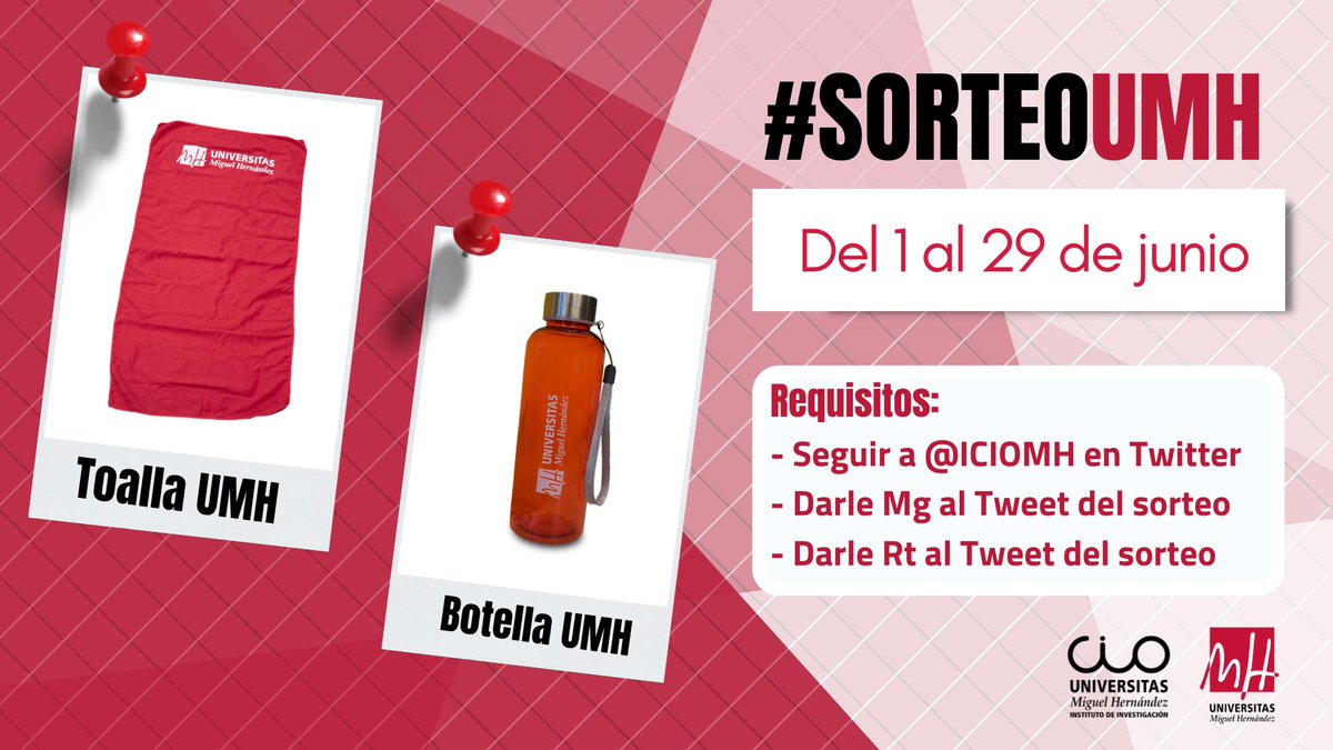 🔴 SORTEO 🔴

📢 !Gana una Toalla y una Botella de la UMH!

1⃣ Sigue a <a href="/ICIOUMH/">Instituto CIO</a>
2⃣ Rt a este Tweet 🔁
3⃣ Mg a este Tweet ❤️

‼️ HASTA EL 29 DE JUNIO PUEDES PARTICIPAR

🗓️ El miércoles 30 de JUNIO daremos el resultado
📍Sorteo Nacional

¡Suerte! 👏

#SorteoCIO
#SorteoUMH
#SORTEO