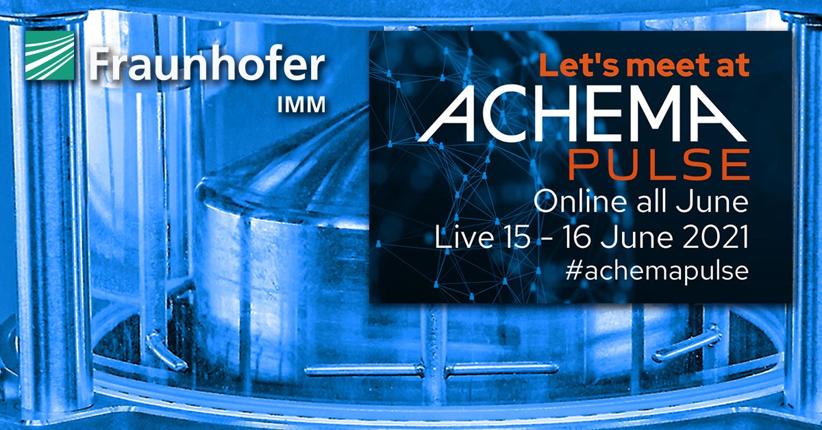 FraunhoferIMM's tweet photo. The digital platform of #ACHEMApulse is now online until June 30. Get a free ticket and make an appointment now with our experts on #flowchemistry, #nanoparticle technologies and the synthesis of #reactiveintermediates https://t.co/E6zhQaR6xZ #Fraunhofer #achema #WeKnowHow https://t.co/VPWuJhAOR1
