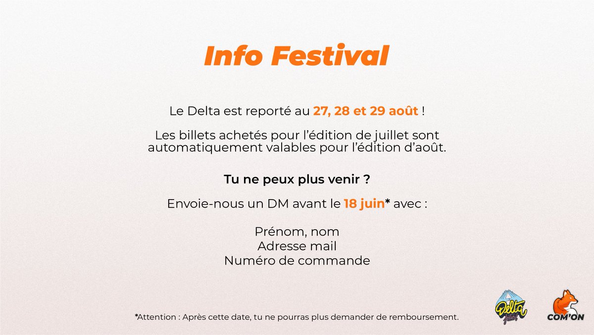 🚨 Infos DELTA Festival 🚨

Merci de nous envoyer un message avant le 18 juin pour toute demande de remboursement.